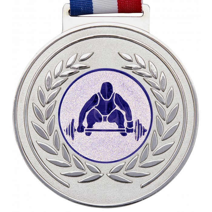 100MM WEIGHTLIFTING MEDAL & RIBBON - OLYMPIC SIZED - SILVER